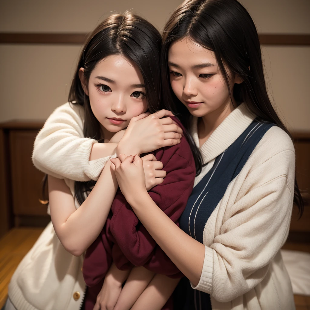 a young girl sitting, while wearing japanese hugging a teddy bear. a man wearing a war suite standing beside thats girl.