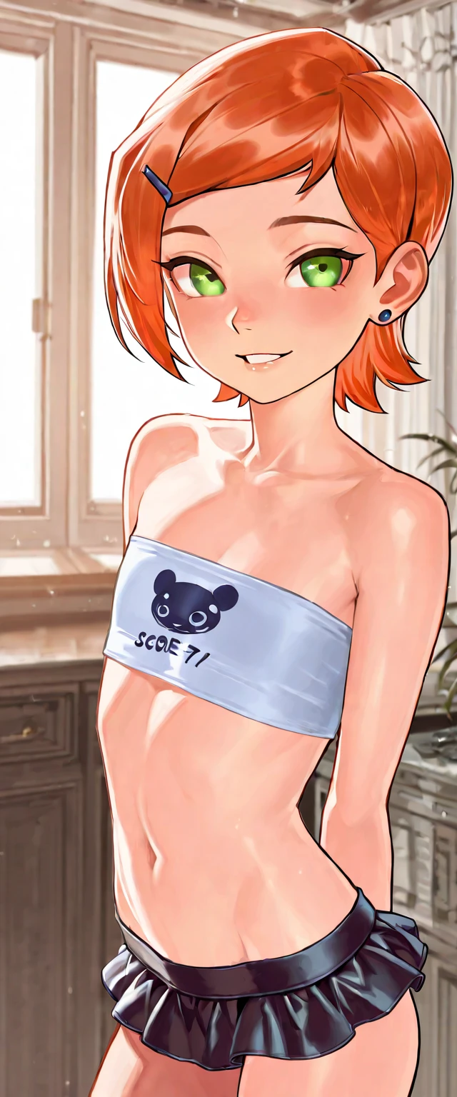 Aile_Megamanzx, 1 Girl, looking at viewer, Brown hair, Green eyes, Simple background , Blushed , Leaning on a table , Glasses , sharped Eyes, Naked, Green with black lines Micro Bikini