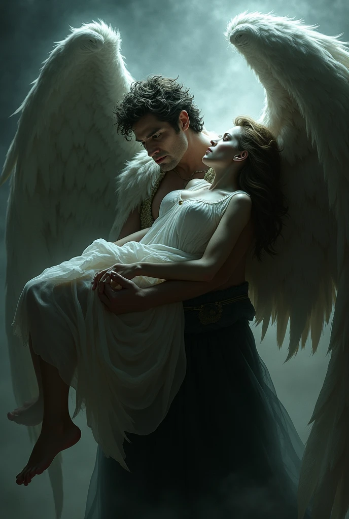 Thanatos, the Greek god of death, described as a beautiful man, with black and gentle angel wings, alongside my brother Hypnos,I am the god of sleep, geelo de Thanatos con una personalidad juguetona