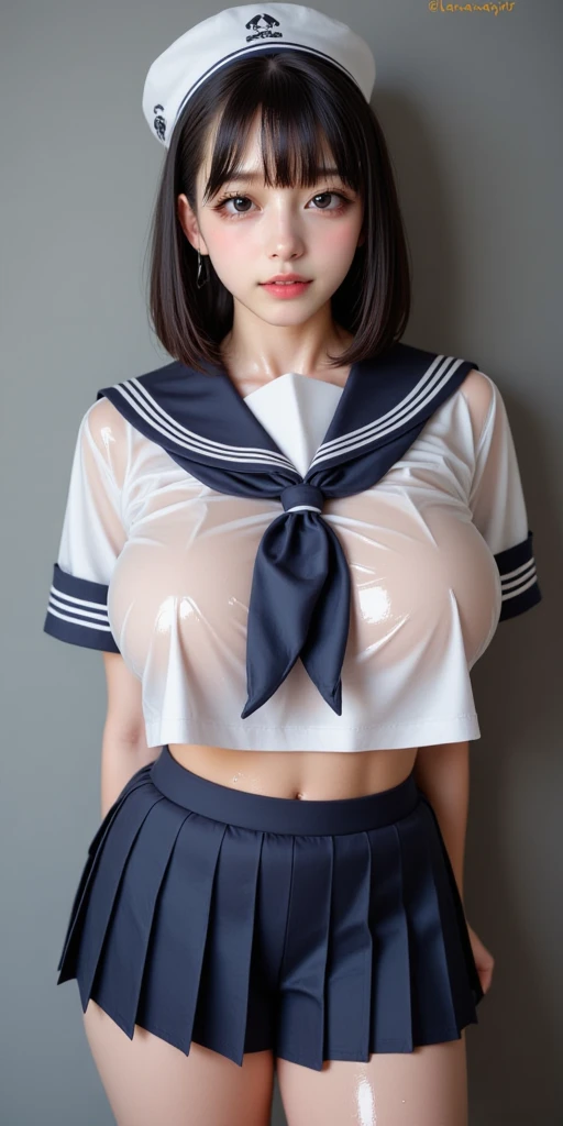 masterpiece, best quality, illustration, Super detailed, fine details, High resolution, 8K,wall paper, perfect dynamic composition,(Details High quality, realistic depiction of eyes:1.3), Black Sailor Uniform, serafuku, Navy pleated skirt, huge breasts, short bob hair, black hair color, Big Natural Color Lip, bold sexy pose, crying a little、 Harajuku style、20 year old girl、cute type、lolita、beautiful legs, hotel room, full body photo、focus on crotch, hposing Gravure Idol