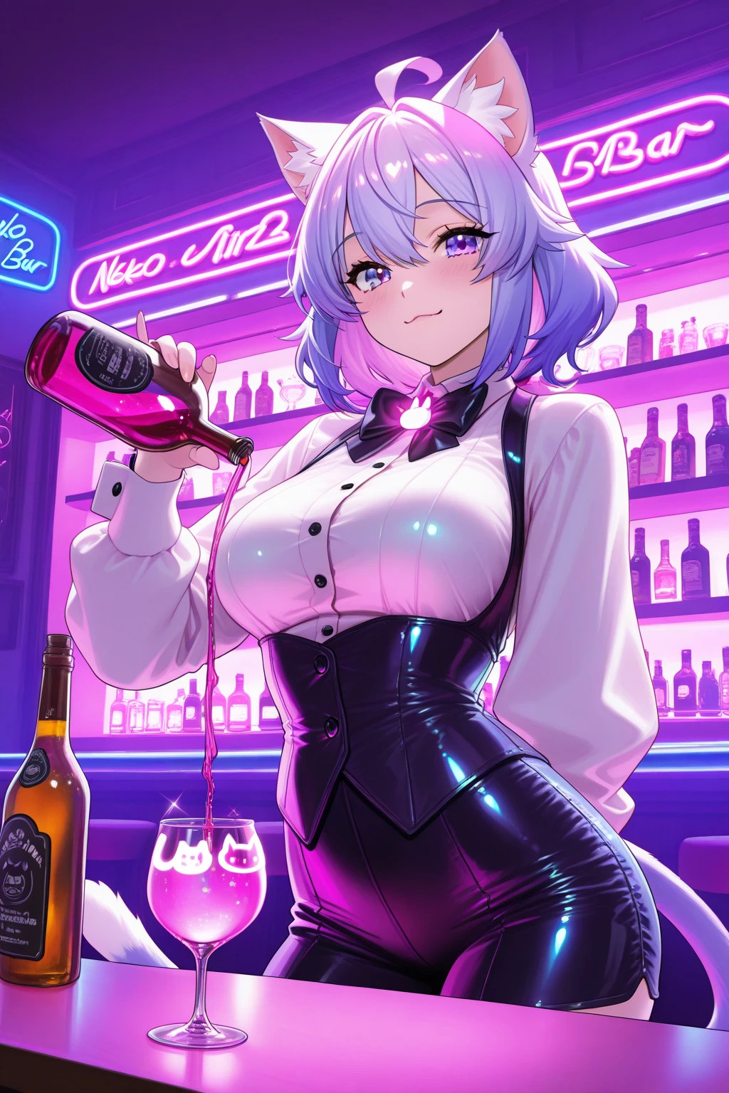 ((Highest quality,8k,32K,masterpiece,Ultra-high resolution :1.2 ),born,One person,Super cute,Natural light,Clear, shining eyes,20-year-old,Fair skin,Fantastic night city electronic world fantasy background,Light purple hair,Large Breasts,Mature woman,Smoking a cigarette,liquor,bar