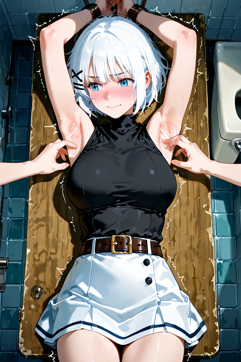 artwork, Attention to details, beautiful girl, normal skin, big breasts, long spiky silver hair and golden eyes, with uniform, White shirt, empty look, bare legs, white panties, breasts hitting glass, standing, whole body, barefoot, breasts rubbing the glass, trapped inside a transparent glass jar, waxed inside, inside the jar, whole body en el frasco, sentada inside the jar, barefoot, trapped in the jar.
