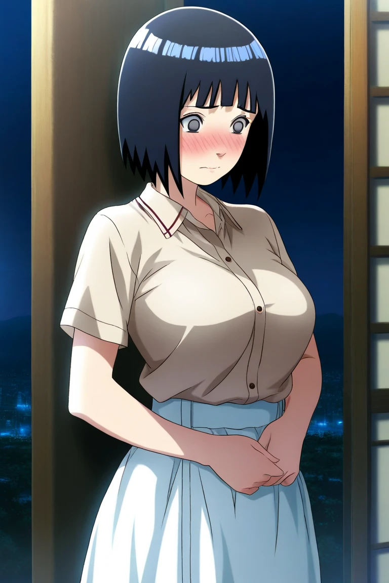 Kyoto animation, female, short hair, middle parted hairstyle, black hair, dark blue eye, cute face, thick eyebrows, big breast, sexy butt, slim body, sexy thigs, naked
