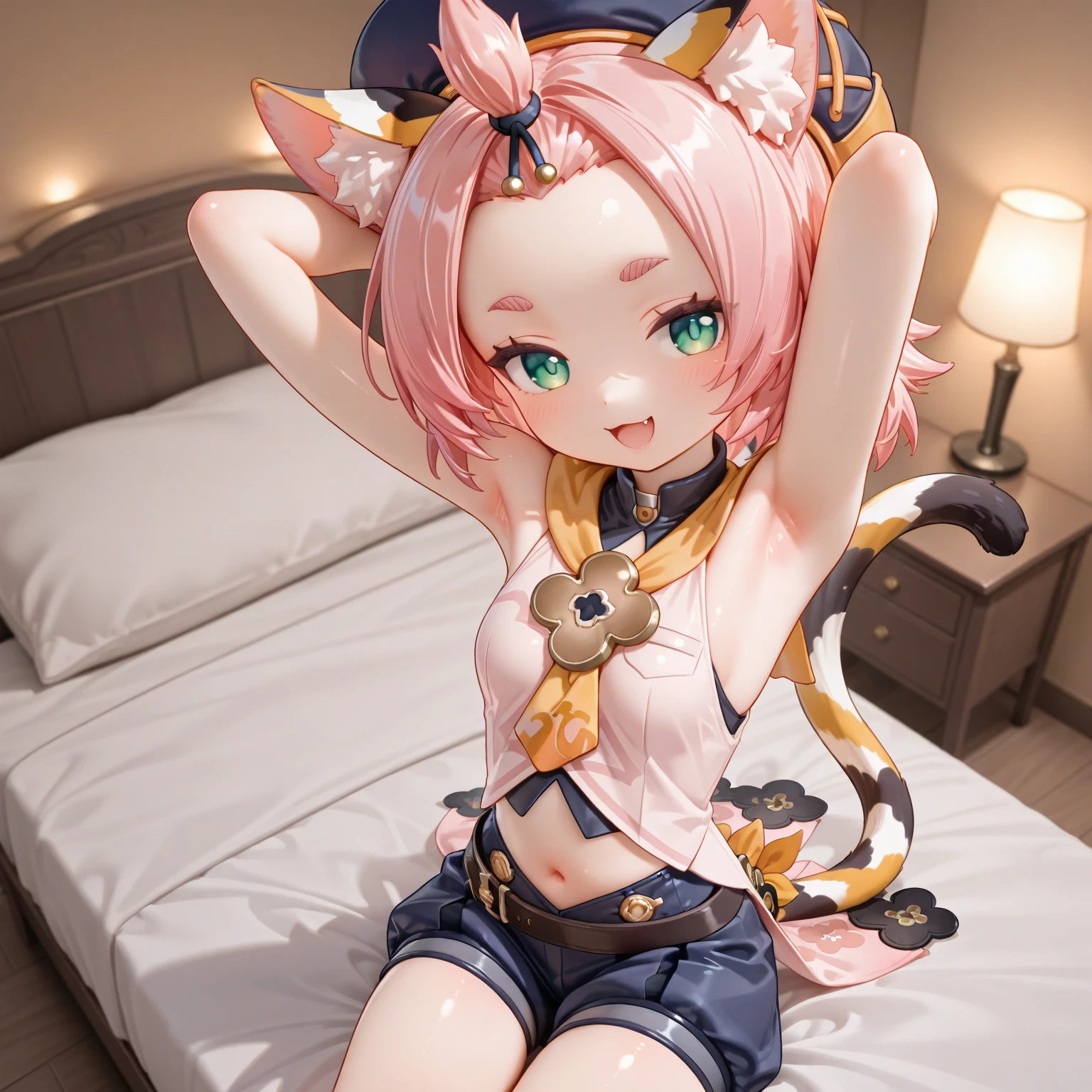realisitic、top-quality、sit on a bed、(1girl in)、Cat's ears、Pink hair、Short hair、inside in room、Nurse Cap, Open your clothes , Gold PVC Bikini、Lace gloves, medium chest、teats
