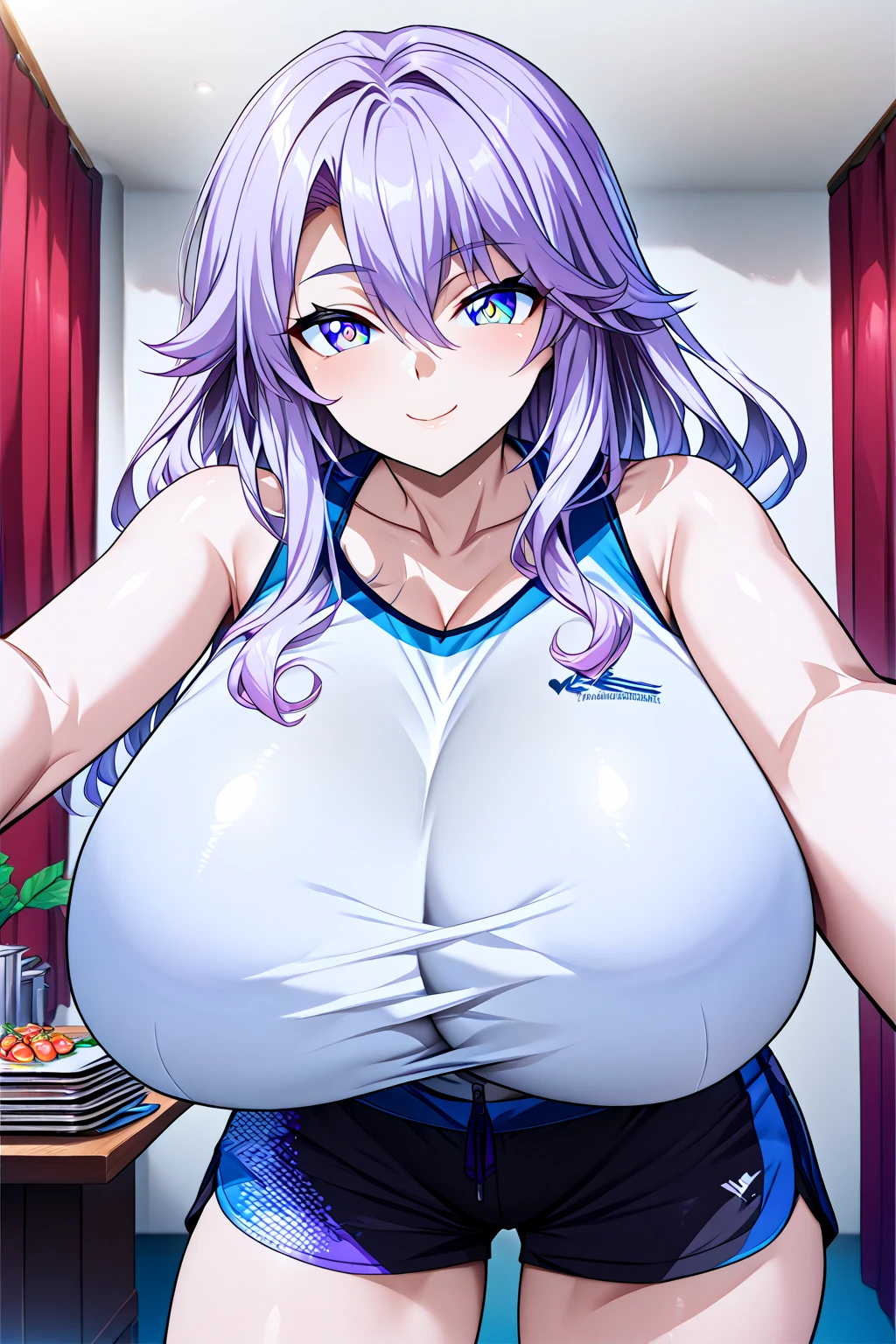 (1milf, solo), sitting, (sleeveless shirt, customer service uniform, bow tie), French twist updo, embarrassing big smile, (masterpiece best quality), delicate illustration ultra-detailed, sagging huge breasts, (customer service counter), work desk, detailed background, ((showing hairy armpit hair)), thick makeup, upper body only, pamphlet, in hotel lobby, sweating, hand behind head