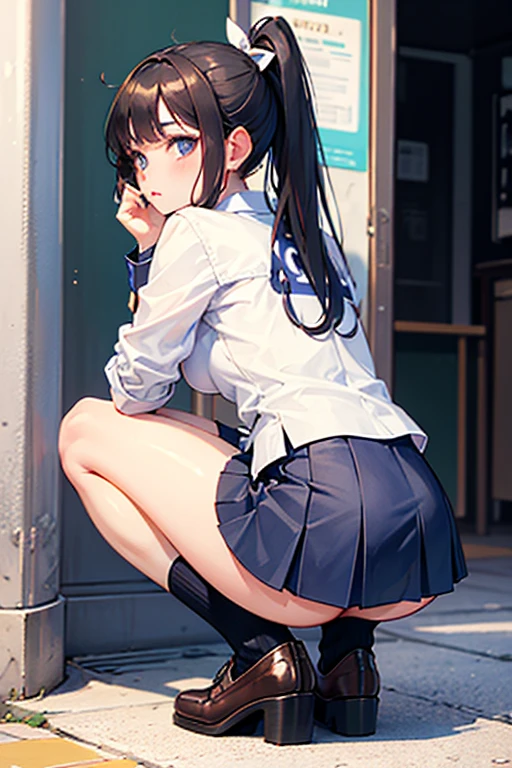((Browsing Caution:1.4, masterpiece, highest quality, High resolution, 超High resolution, Perfect Pixel, Depth of written boundary, 4K, RTTX 10.0, High resolution))), (One girl:1.3), Beautiful Anime Girls, Beautiful art style, Anime characters, ((Long Hair, bangs, Dark brown hair, Twin tails)), ((Beautiful eyelashes)), ((Detailed face, Blushing:1.2)), ((Smooth texture:0.75, Realistic texture:0.5, Anime CG Style)), Perfect body, Slender body, (Adult woman climbing the stairs), Looking back, bashful, (Sleeveless sweater:1.2), (Checkered pleated skirt:1.2), Angle from the rear, Station stairs, (Skirt flipped up by strong wind:1.2), ((Stylish white satin panties with lace trim:1)), Slender body, Beautiful thighs, Small Ass, Embarrassed look, Surprised expression