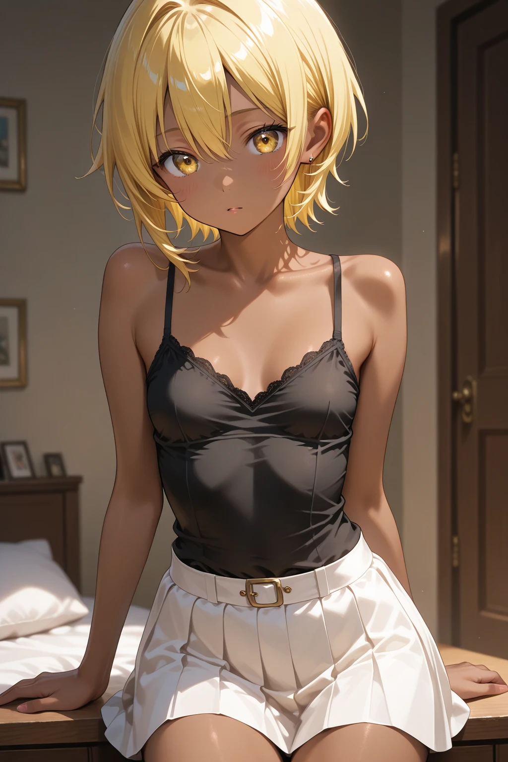(masterpiece, best quality:1.4), 8k, Half Yellow half white coloured messy short Hair Young adult anime girl with and Big chest Smirking Smilingwith light yellow eyes in the Livingroom wearing a White Croptop (detailed eyes and face, sharp pupils, realistic pupils:0.6)
