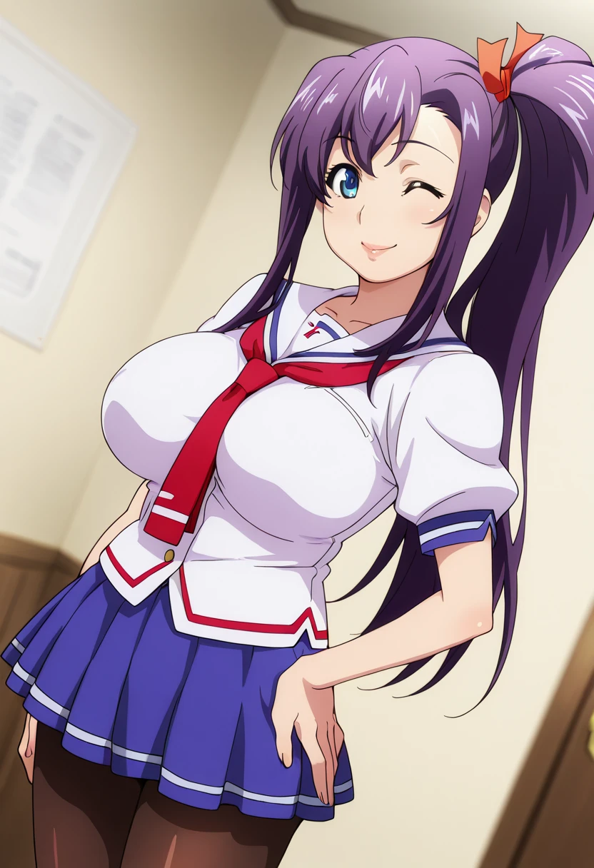 nsfw, (1boy:1.6), (1girl:1.8), Anime cel drawing style, Best Quality, High resolution, topless, (panties:1.4), cowboy shot:1.6, (professional wrestling ring), (gigantic breasts:1.4), 2020s anime style, glamor, MegamiStyleV4, blue eyess, Purple hair, Bangs, Side Ponytail, Hair Ornament, White sailor suit, Short sleeves, shirt lift:1.6, red neckerchief, Blue skirt, (facesitting:1.8)