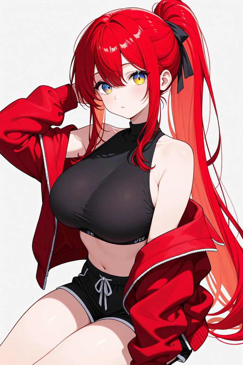 (masterpiece, best quality:1.2) best quality, masterpiece, highres, focus, anime style, a closeup of a cartoon of a woman, girl design, portrait, giesha, anime image, long hair, red hair, heterochromia eyes, hair covering ears, cat ears, horny and shy look, super tight bikini top bra ,pink gloves, jacket, white windbreaker jacket with red lines, black belt around waist, round thick giant breasts, ((huge breasts)), ((large breasts)) ,engineer, engineer tools, erect nipples, mechanic, tools, tools in hand, black tighs, wrench , wrench in hand, toolbox