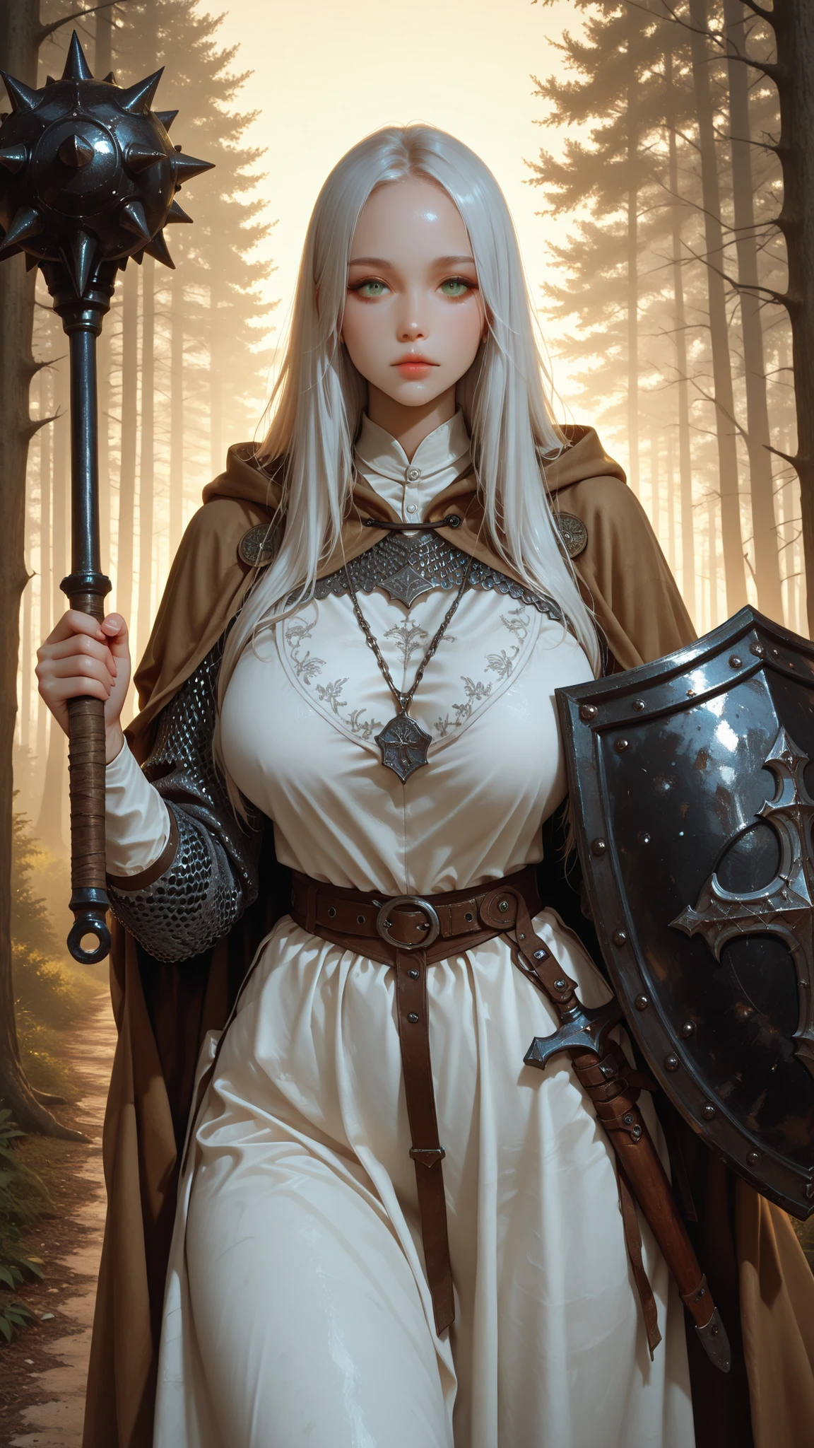 very aesthetic, 걸작, 고해상도, 8k 해상도, high contrast, (semi-realistic), newest, koreanai, best_quality, finely_detailed_eyes_and_detailed_face, (1 girl), beautiful, pretty, solo, long_hair, straight_hair, (no bangs, forehead exposed),(humongous_breasts, huge_breasts, skinny, tall_height), green_eyes, perfecteyes, brown_cloak, chainmail, white_tunic, white_skirt, necklace, holding Spike mace and shield, medieval fantasy fashion, expressionless, white_hair, looking_at_viewer, dynamic_angle, standing, incoming attack, forest, road background, real_beauty, sunrise