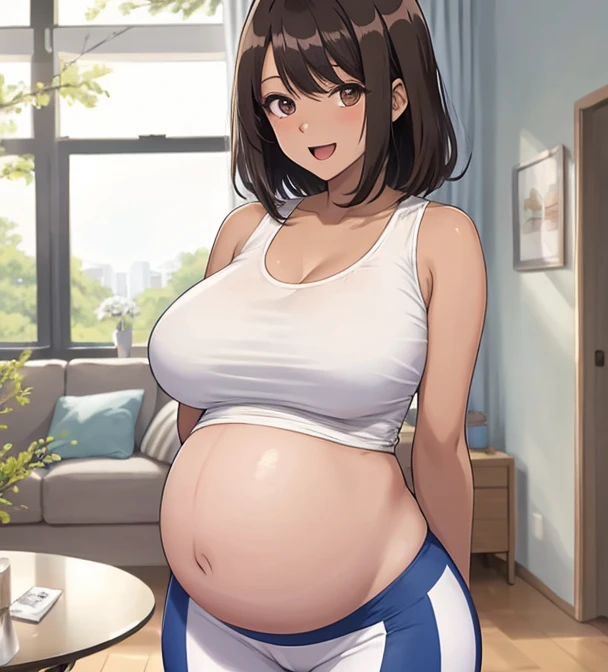 pregnant beautiful sexy hot tall aunt with brown ponytail hair, blue eyes, white open and unbuttoned shirt, bare belly, blue pants, black bra, with a big large round massive, enormous bare belly, happy