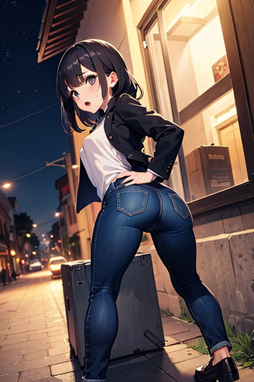 nsfw,20 year old beauty、Japanese、perfect face, beautiful and symmetrical face:1.2、beautiful face:1.2、beautiful eyes:1.2、dark brown hair,bob cut hair,shy look、crying,smaller head、ideal ratio body proportions、skinny,slender body,medium breasts,punk fashion、leather jacket、Torn T-shirt、micro itting,Back alleys in downtown、outdoor、night、neon、Tokyo、