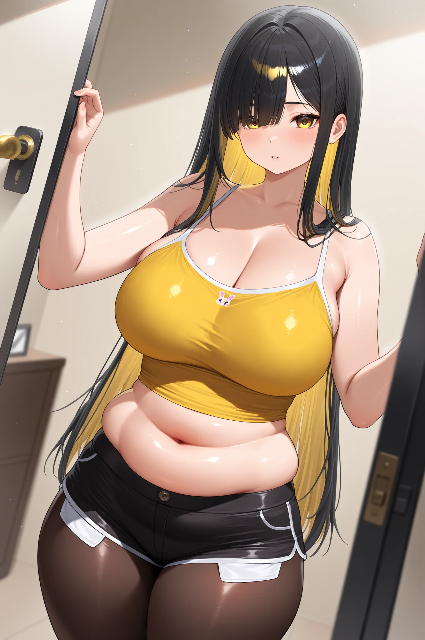 ((masterpiece)), (best quality), beautiful,solo, extremely detailed CG unity 8k wallpaper,
((sweat)),virgin,,neat figure,shiny skin,slender waist,big breast,((tareme)),((empty eyes)),
albedo, ahoge, black hair, horns, long hair, (yellow eyes:1.3),
,prison, 1girl, solo, arms up, bondage, angry,chained,tank top,