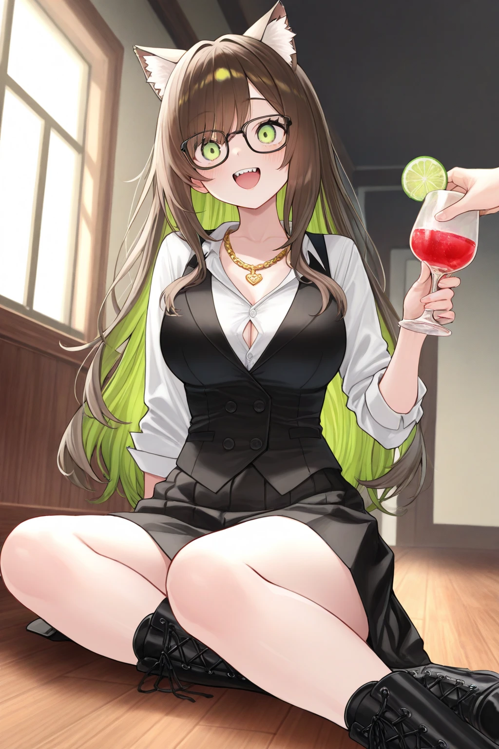 1girl,alone, chisato Hasegawa,( 4k detailed), (masterpiece), (ultra quality), (ultra detailed), (best illustration), (best shadow), (extremely detailed), (absurdities), (detailed background) ,standing, room, bedroom, glasses, alone, long hair, red-rimmed glasses, half-rimmed glasses, brown hair, antenna hair, green lingerie, green lace bra, green lace thong, bare legs, full body , green eyes perfect anatomy, perfect hands, sexy body, focus on breasts, looking at viewer, point of view (from above), innocent smile, night, perfect anatomy, perfect hands, blush
