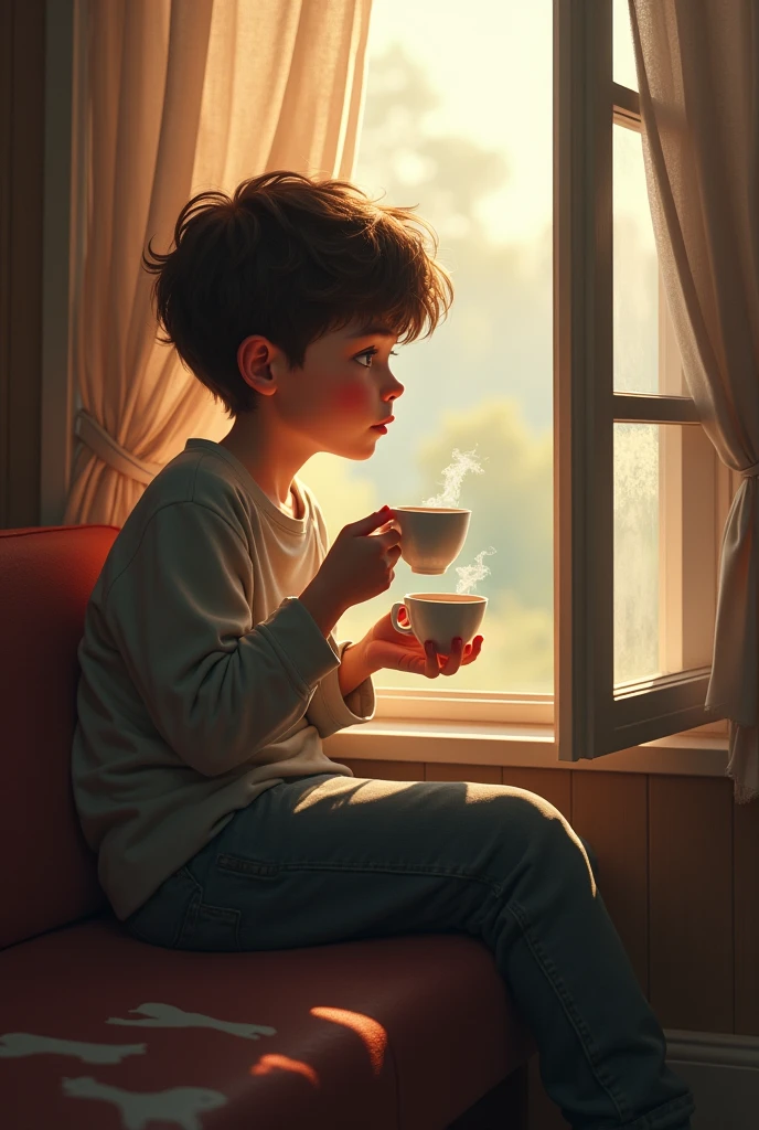 A boy sitting on chair with take a tea cup