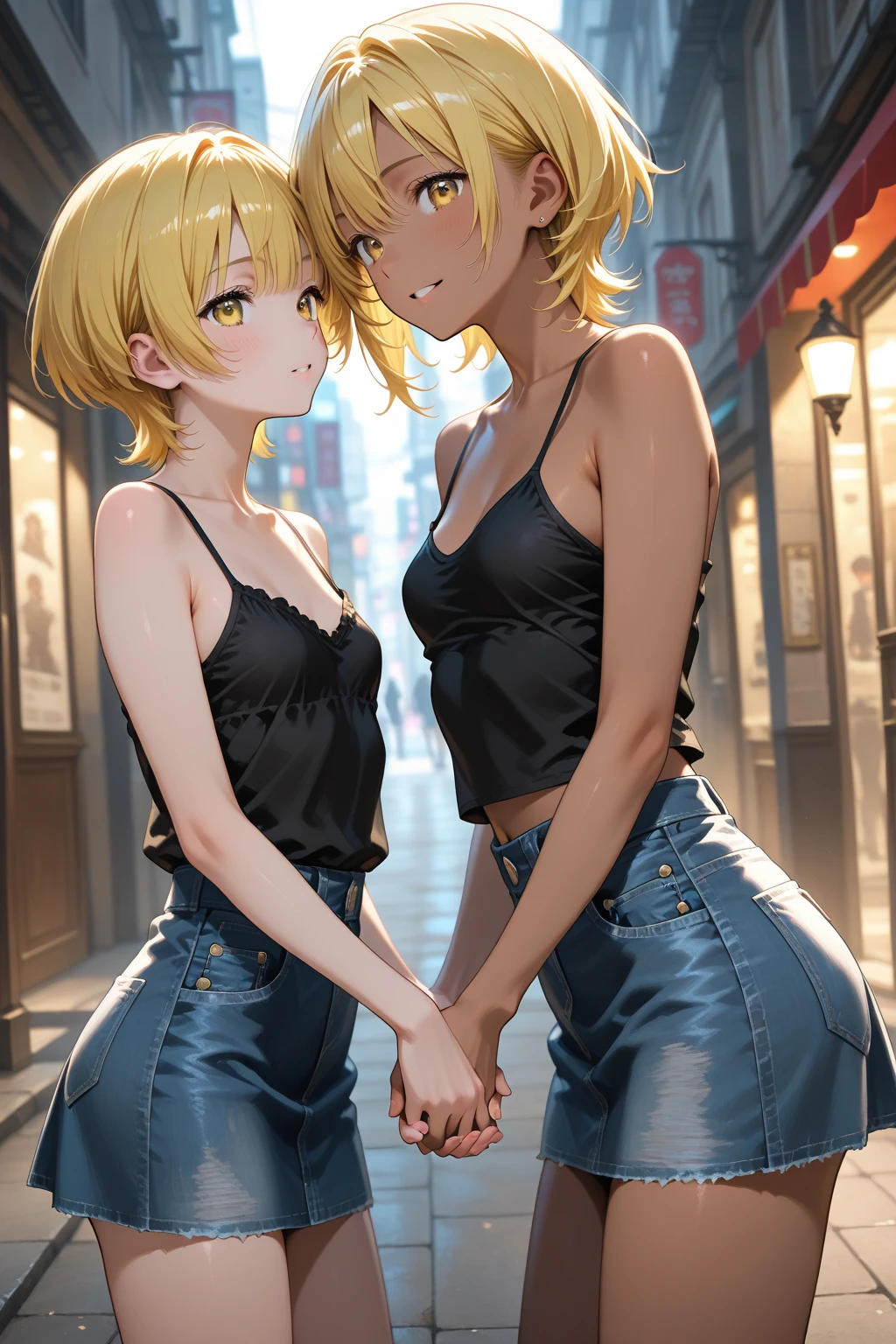 White 12yo twin sisters hugging real tight, blonde hair, smiling, happy, looking at viewer, small round breasts, flashing,