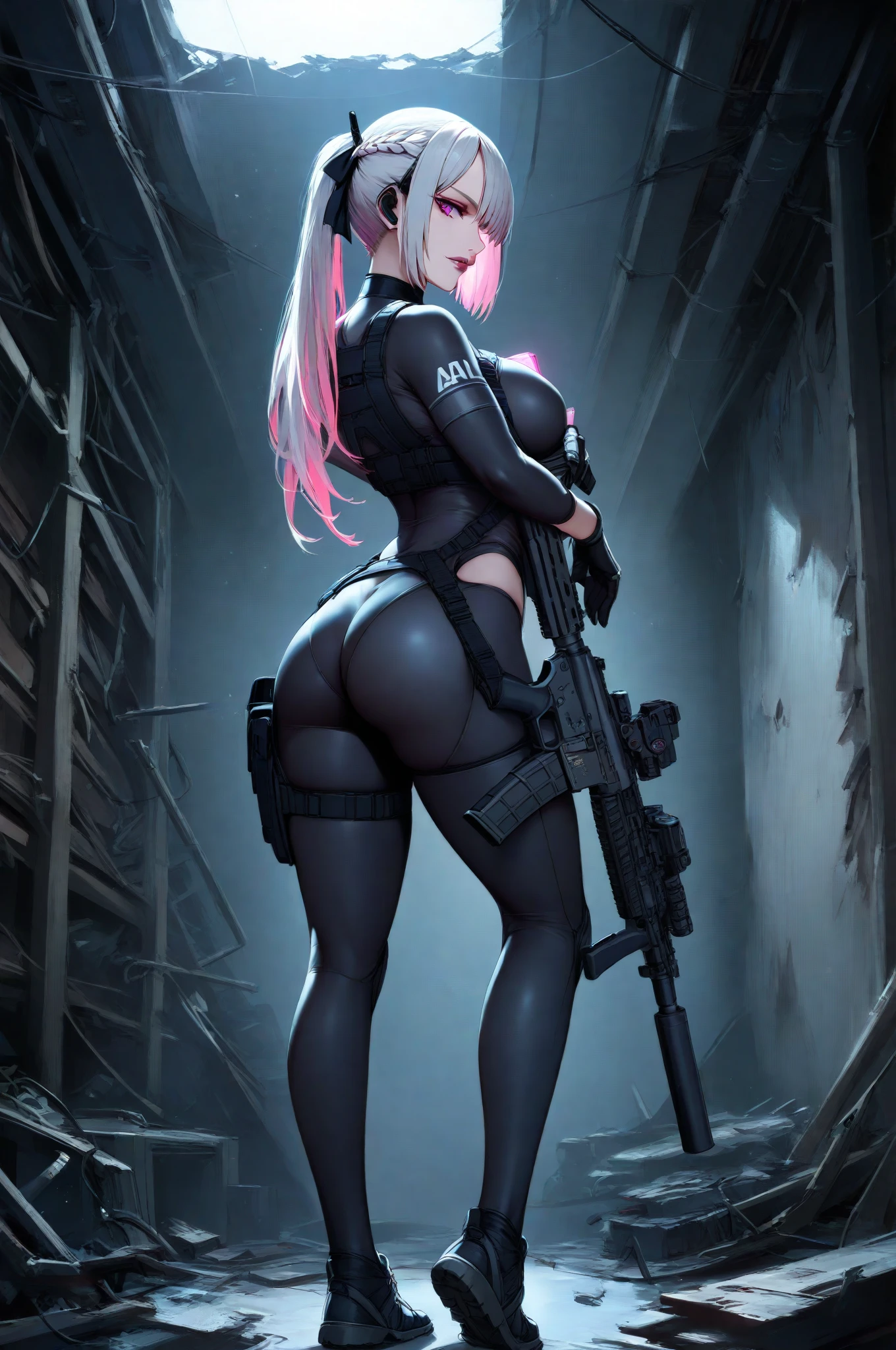 Highest image quality, outstanding details, Ultra high resolution, (Realism: 1.4), best illustration, I prefer details, very tight 1 girl, with a gentle and beautiful face, naked, firm breasts, no bra, wearing latex high-waisted tight pants, bottom view, square hairstyle, holding a gun, walking on the road, background - high-tech light scene of the city of the future.