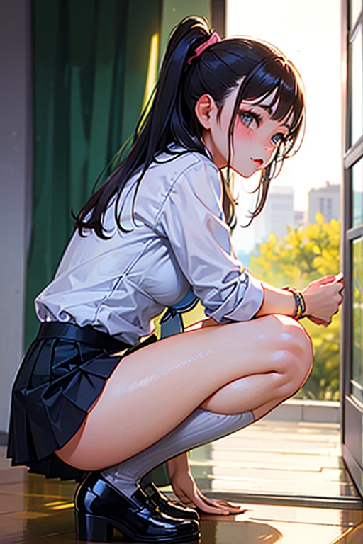 “(masterpaintings,Hi-Def,ultra high def,4K)Black hair with double ponytail,14-year-old Japanese girl high school student,Bare shoulders,White JK shirt,Black long-sleeved JK uniform,Fluffy sleeves,emphasizing thighs,Exposing the skin of the legs,soft thighs,Glossy thighs,Sit at a classroom desk,Face-to-face perspective,(From the angle below),sitting on top of a school desk,Sit in front,Crotch zoom camera,Feet on the floor,body complet,Head down and sleepy-eyed,Just look at the audience", Best Quority, ultra high def, (realisticlying:1.4), A high resolution, 细节,