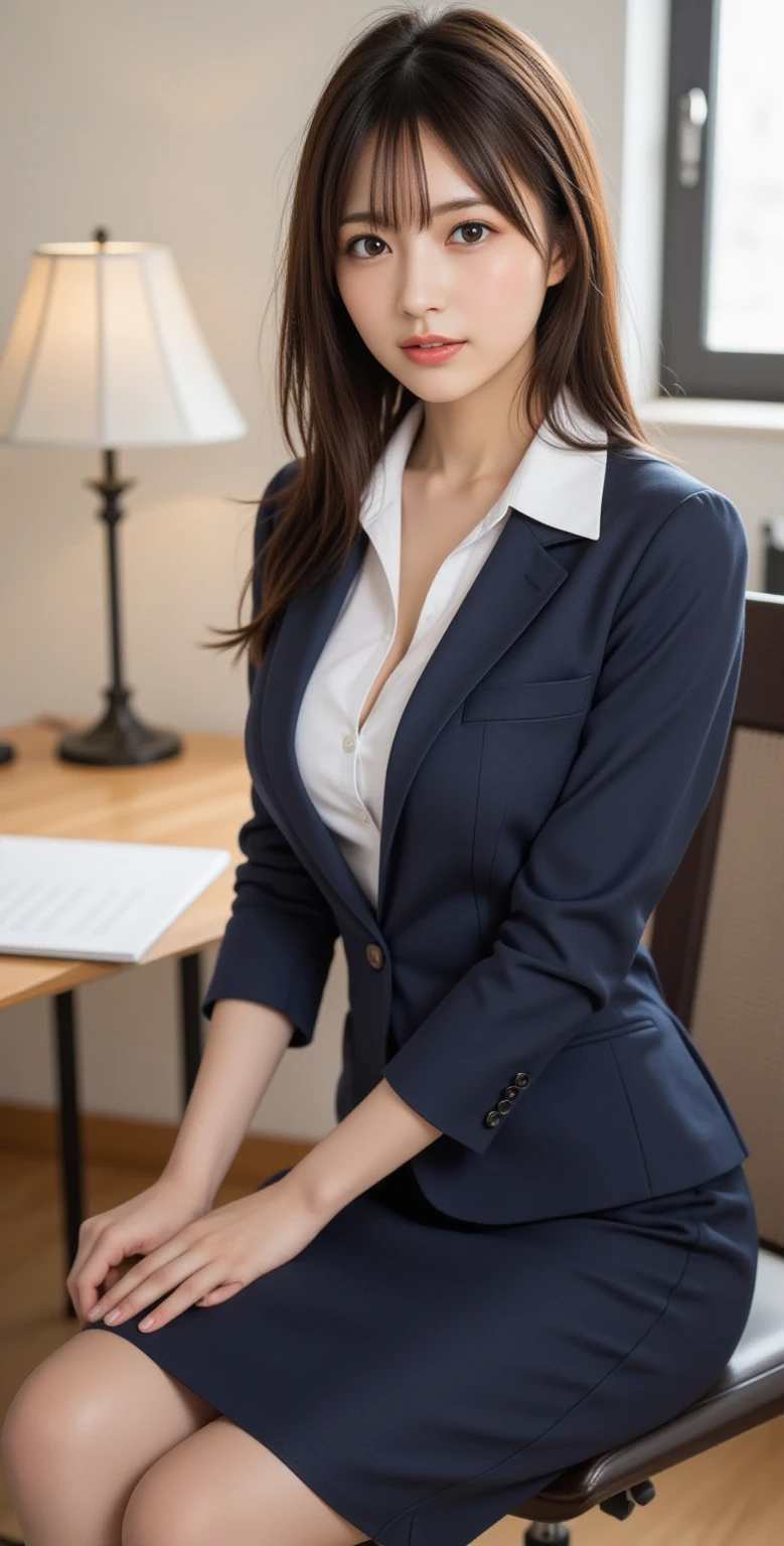 Best Quality, Photorealistic, 8k, High Definition, 1 Girl, Female, (Medium: 1.8), Office, Pubic hair visible, Grey suit, No panties, Skirt up, Work, Sitting in chair and legs wide open