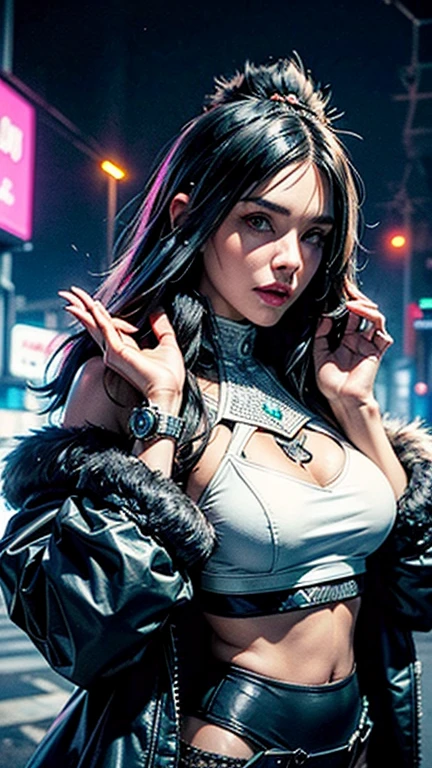 masterpiece,quality,Best quality at best,Official Art,(Beauty and aesthetics:1.2),(masterpiece:1.3),The city of the future,Cyberpunk Characters,A girl,Fur coat,No underwear,Sexy body,Looking at the camera,(Close-up cleavage:1.8),Volumetric Fog,snow,snow,drama,Christmas Eve