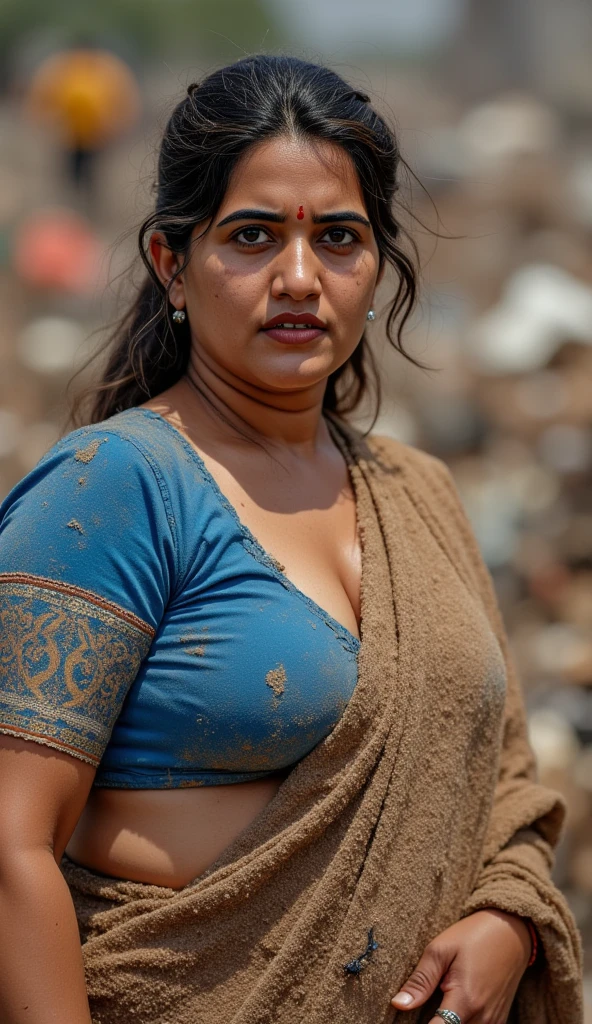 A middle-aged Indian police officer with extremely large breasts wearing a tight sari, posing in front of a police vehicle for a hot picture, high quality detailed portrait, cinematic lighting, dramatic colors, photorealistic, hyper detailed, masterpiece