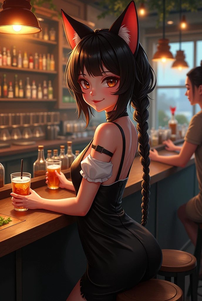 nsfw:1.3, highest quality, 4K, one beautiful woman, beautiful big breasted woman, black haired woman, long hair woman、ponytail woman, ((Woman in dark blue tank top:1.3)), woman wearing shorts、big smile, ((black knee socks))、stylish bar、Stylish wines are lined up on the liquor shelf、back view
