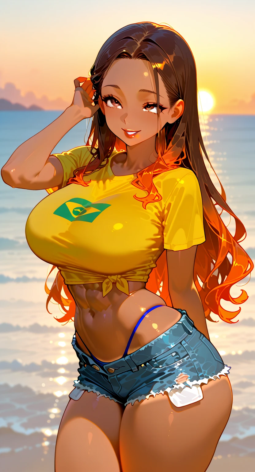 Woman wearing a Brazilian national team shirt and with big breasts
