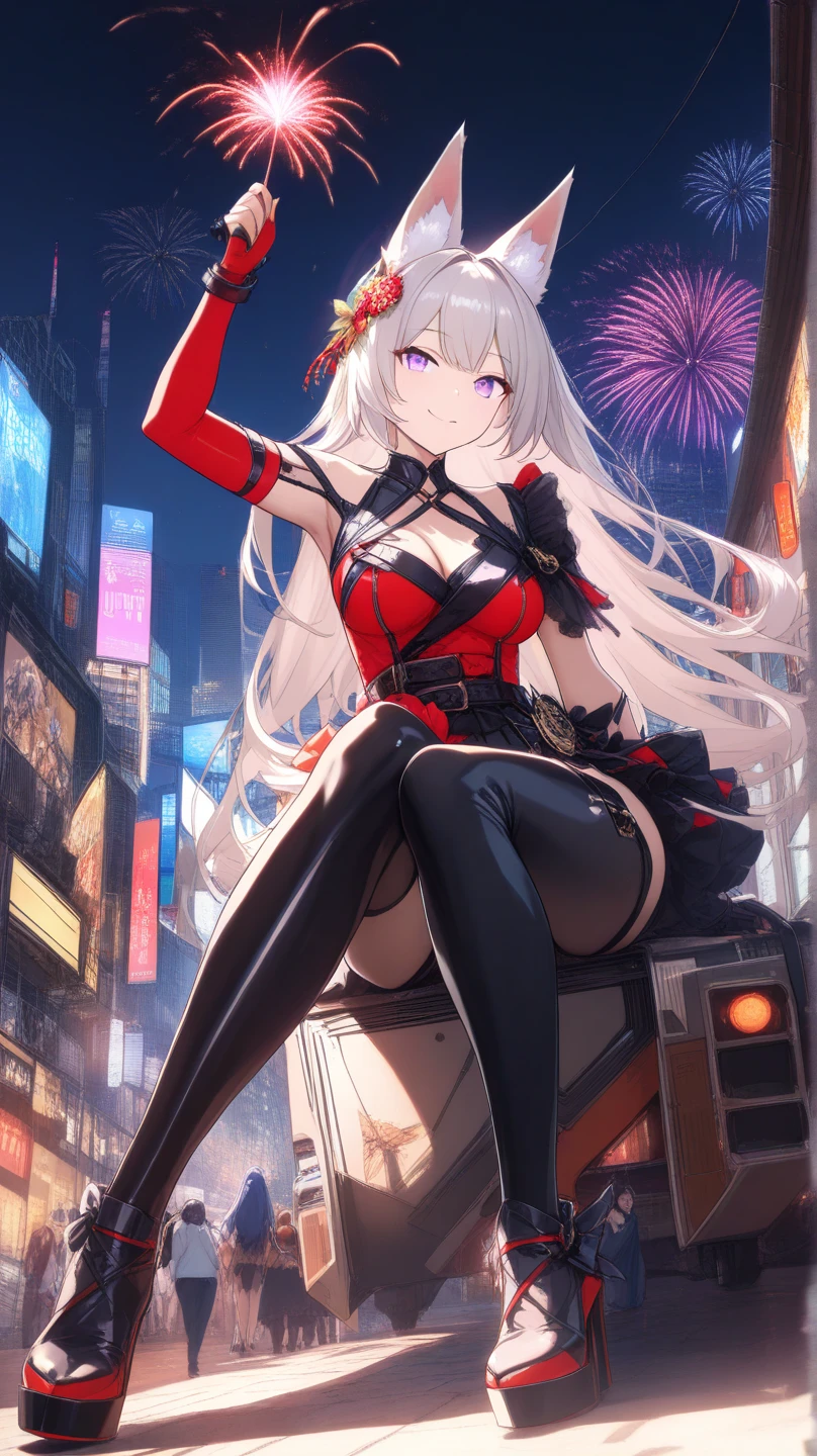 Ultra-high resolution, 8K, (Official Art, beautifully、mysterious:1.2), Anime Art Wallpaper, Works by Makoto Xin Haicheng, Lofi Art Style, Lo-fi feel, Perfect human body composition, Anatomically correct limbs, Structurally correct fingers, Impressive eyes, Oversized hoodie and short skirt, Shiny long black hair, Larger than average bust, Girl listening to music with headphones, Looking out the window, City Room, A room for music lovers, city view from the window, Impressive cityscape, Bright Sky, meteor, Wide angle, Before dusk