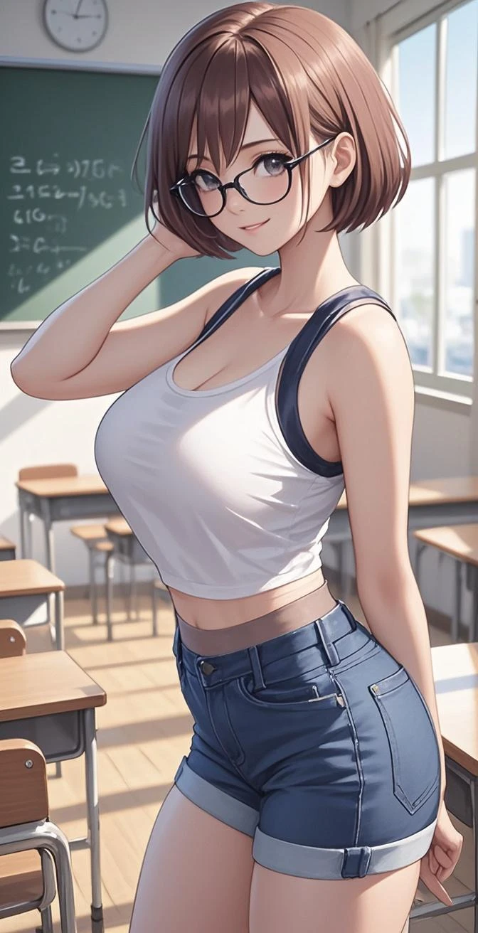 nero from anime black clover, beautiful woman, very beautiful, perfect body, perfect breasts, black hair, short hair, slightly smiling expression, has horns, wears white shirt, black cardigan, long jeans, is in class, handbag, watches, earrings, Realism, masterpiece, textured skin, super detailed, high detail, high quality, best quality, 1080p, 16k
