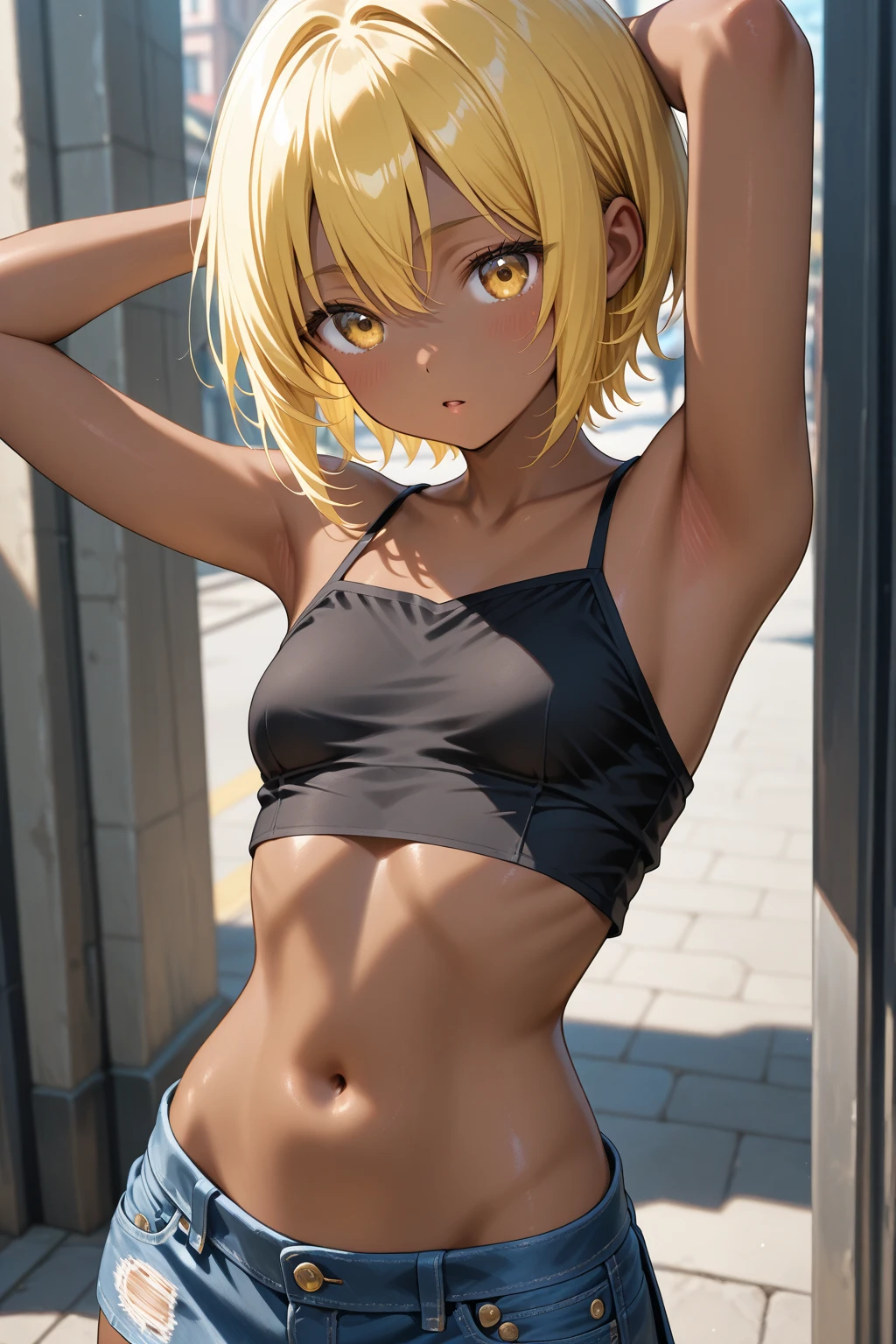 Yellow short hair, yellow eyes, small breasts, girl, three-point bra, panties
