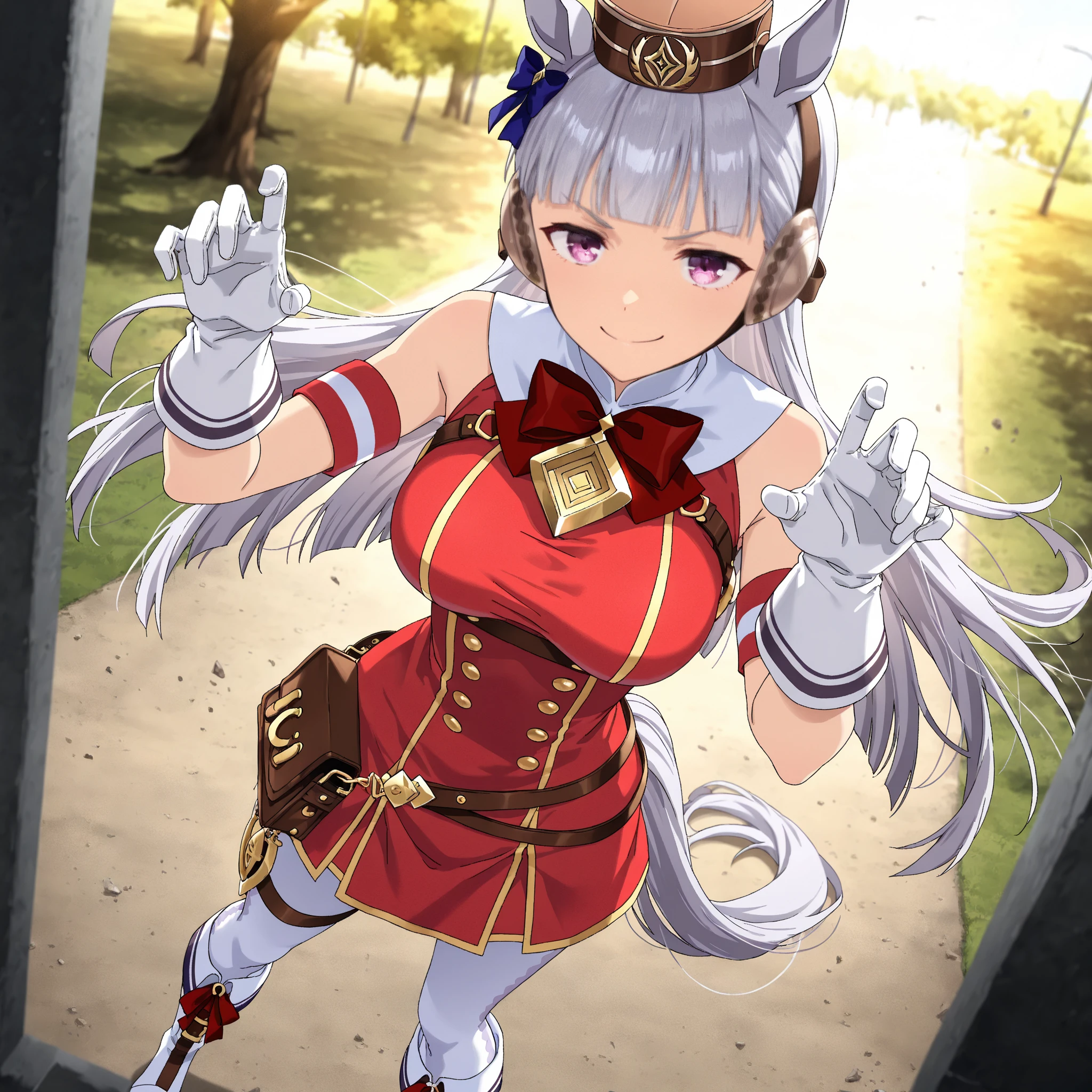 (masterpiece, Highest quality:1.2), alone, One girl, umpd gold ship, pillbox hat,Red dress,No sleeve, White Pantyhose, White gloves、boots, Horse tail,、grassland、Nature、blush、smile、summer、Sunset、(Huge breasts:1.2)、Nipples are visible、Clothes are see-through、Cute pose
