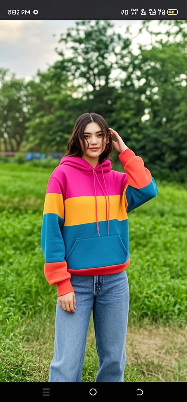 (Highest quality, 8K, 32k, masterpiece, Ultra-high resolution:1.2),Beautiful Japanese Women Photos, Rainbow clothes、Rainbow hoodie、Large Breasts, Very short bob hair,Red hair, necklace, Simple Background, From above, View your viewers,Red Hair、White background、peace sign、Pause