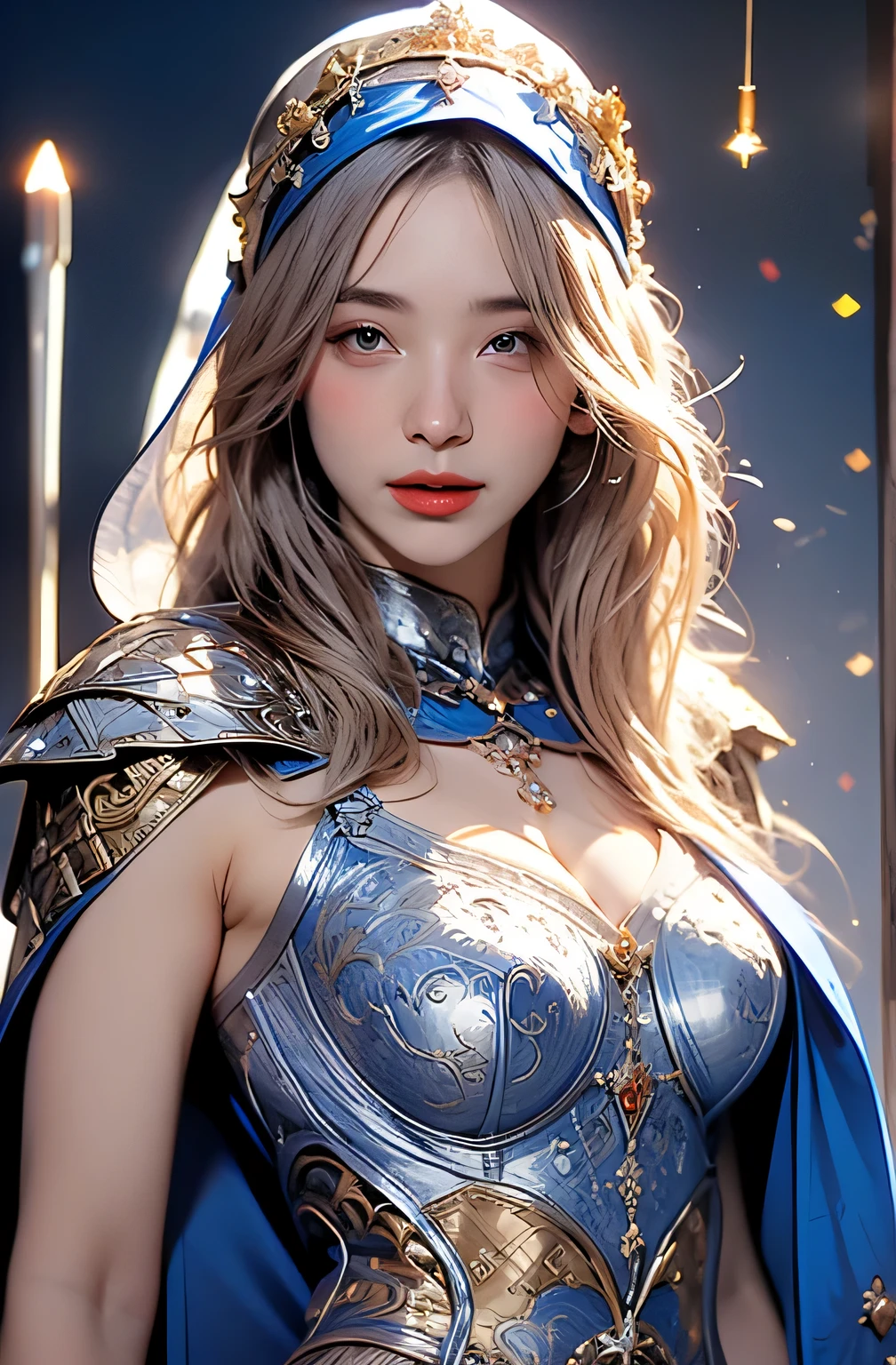 Official Art, Unity 8k wallpaper, ultra detail, masterpiece, best quality, one woman, (very detailed),(RAW photo, best quality),(realistic, photorealistic:1.3),high definition, opening your mouth lightly, ultra-detailed complex 3D rendering of face, (big breasts: 8.8), (highly detailed skin: 1.2), (exposure: 1.1), beautiful caucasian woman with big ass full soft breasts and white skinThe (topless), chest, white hair, yellow eyes, long hair, ( ( ( transparent silk blue micro bikini)), dynamic angle, mystical expression, fire glow effect, fantasy background, rim lighting, side light, cinematic light, ultra high definition, 8k , film grain,best shadow, light particles, detailed skin texture, detailed face, golden eyebrows, ultra detail, watch viewer, gold armor, cleavage, slender abs, holding a shining weapon, holding a beautiful shield, pole dron, (detailed and beautiful huge crown)), glowing eyes, long purple cloak, fantasy, (realistic),