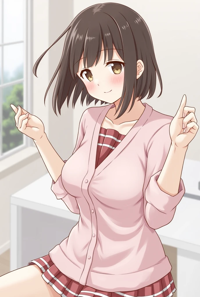 1girl,solo,petite,slender,ichijou hotaru,shiny eyes,normal breasts,shirt,knit cardigan,miniskirt,blush,living room,table,window,curtain,smile,open mouth,holding corgi,jumping ,facing viewer,black hair,lip,<lora:better skin typeB-v1:1> <lora:XDetail_light:1> ,,masterpiece,best quality, very aesthetic, absurdres <lora:ichijou_hotaru-animagine-v1:0.7>