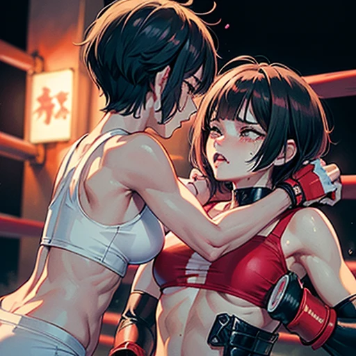 two bloody japanese girl fighters are fighting survival so hard in the octagon ring. The girls thrust their fists toward their opponents. they are attacking opponent's face each other by dynamic punch. they have no energy. they have short-cut black hair, shortness of breath, drool from her mouth, closed eye, exhaustion, and sweat soaked. open finger grobe. Muscularity. Six pack abs. Erect nipples. they are naked.