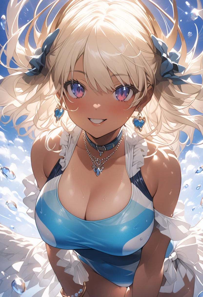1womanl,,12year old ,((Impatient expression)),Beautiful breasts,(((Sexy magical girl white and blue high-leg bodysuit)))(())(((Blushing cheeks、Surprised look)),((())),((( portlate))),Blue eyes,(((Bangs are aligned)))()Street,Crowds(magical girl hair ornament)