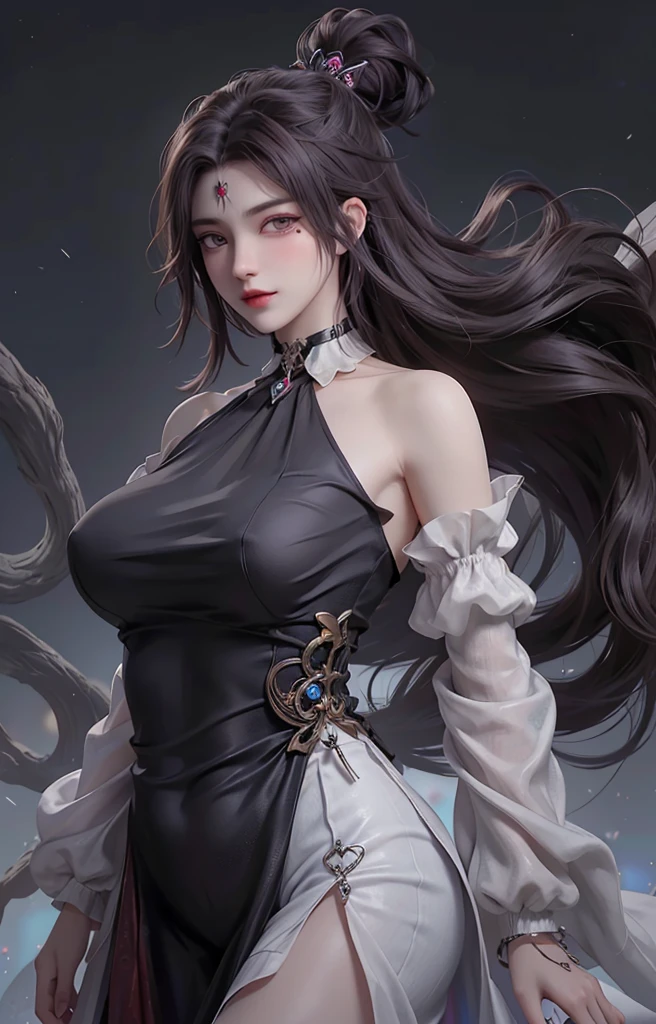 1 girl, long raven-black hair cascades down her back in soft waves, the silky strands framing her delicate features. Her piercing amethyst eyes, rimmed with dark kohl, gaze up at viewer with a sultry intensity, brimming with a twisted hunger.
white dress with long sleeves and long skirts she wears clings to her curvaceous form, the dress rides up slightly, revealing the pale, toned expanse of her thighs. Viewer can make out the faint outlines of scars and piercings adorning her most intimate areas, a testament to the depths of her depravity. Park background.