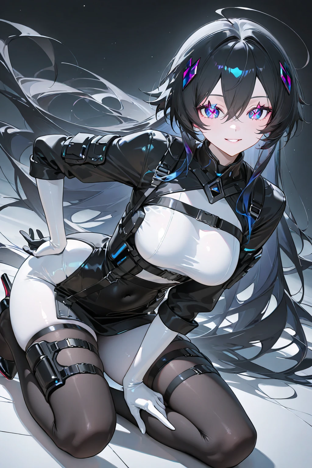 A very flat young girl spread her legs completely wet and sweaty with long black hair, large, expressive bright blue eyes, slightly brown skin and a soft smile The girl has a sweet and gentle appearance, with a touch of shyness in his expression, slightly blushing with a very revealing and tight spacesuit that shows her nipples and the lips of her vagina. The spacesuit is metallic black and has silver and blue details. She also wears a pleated skirt over the suit and a necklace with a letter J on the neck She is on her back slightly leaning forward but with the palms of her hands spread over her buttocks in a provocative manner with her legs open and her knees apart so that the end of the suit is visible under her skirt The background is a bedroom with a spaceship bed with a huge glass overlooking space while it rains View from below