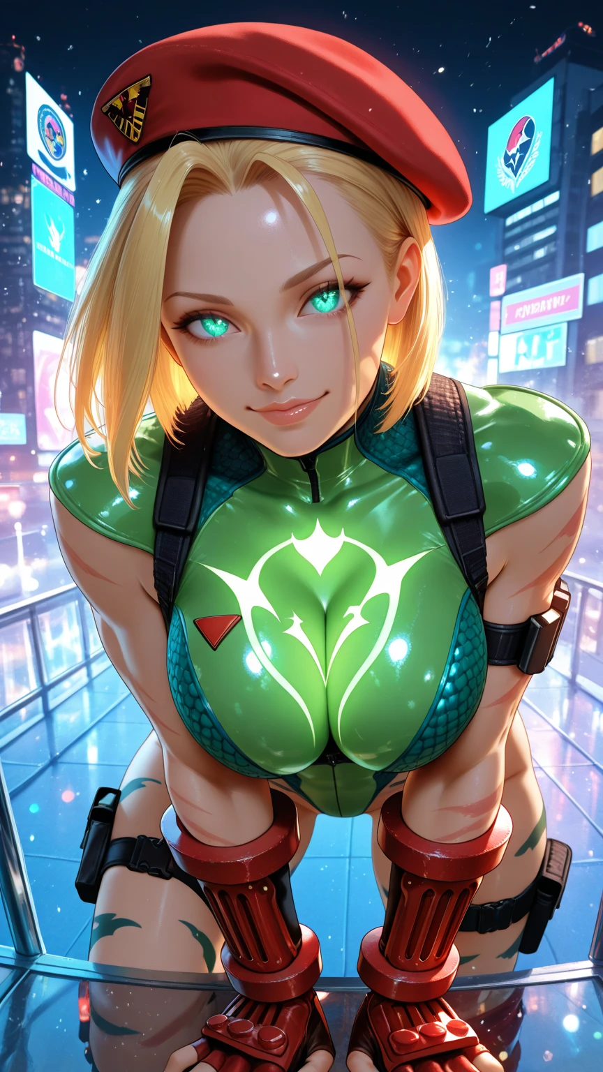 pastel goth bad girl, 1girl, cute, full body, [:wild, wild costume design,:0.2], official art, (asian:1.3), punk hair, yellow hair, French Roll,bob cut, creepy bright aqua lighting from above, on a  ledge, bombshell hair, green hair, ponytail, airplane arms