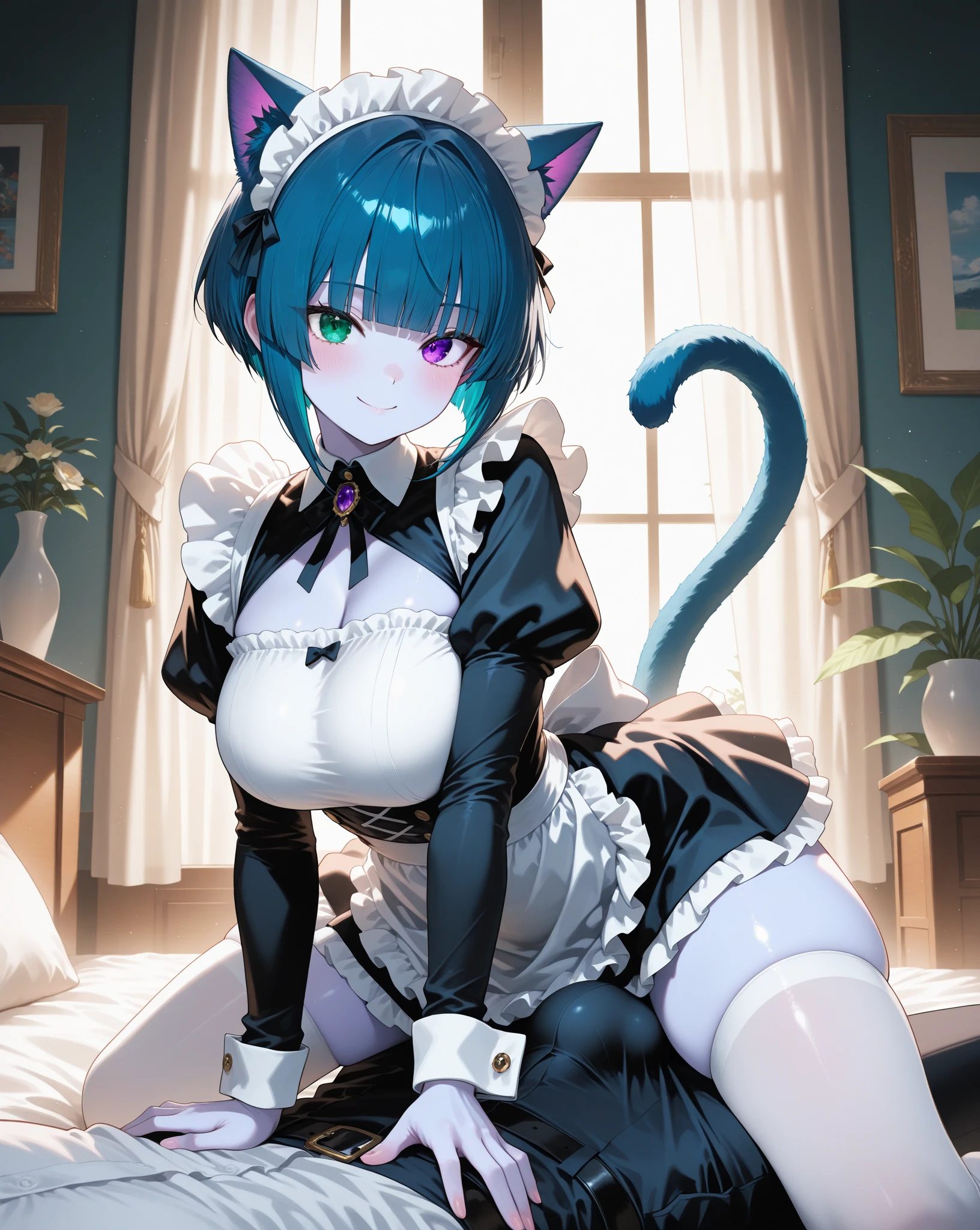 Anthropomorphic cat, 3D render style, Exaggeratedly giant breasts, super thin chest, wide hips, huge ass, Exaggeratedly thick and big legs , bursting breasts, maid bikini, (pelaje detallado:2.0)
