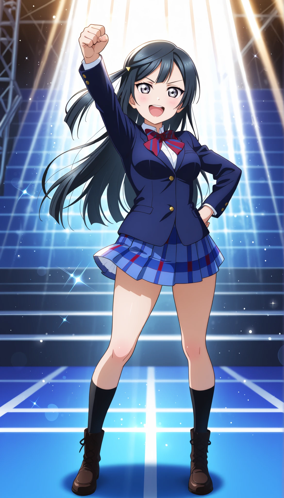 (masterpiece, very aesthetic, absurdres:1.2), best quality, newest, perfect anatomy, perfect lighting, anime coloring ,sparkle, light particles, light rays, rim lighting,1girl, solo ,yuki setsuna,large breasts, ,otonokizaka winter uniform, ,navy blue jacket,blue striped skirt, plaid skirt, striped bowtie ,knee socks ,boots, glossy lips,standing,raise up fist,hand on hips ,open mouth ,full body ,on stage serious smile