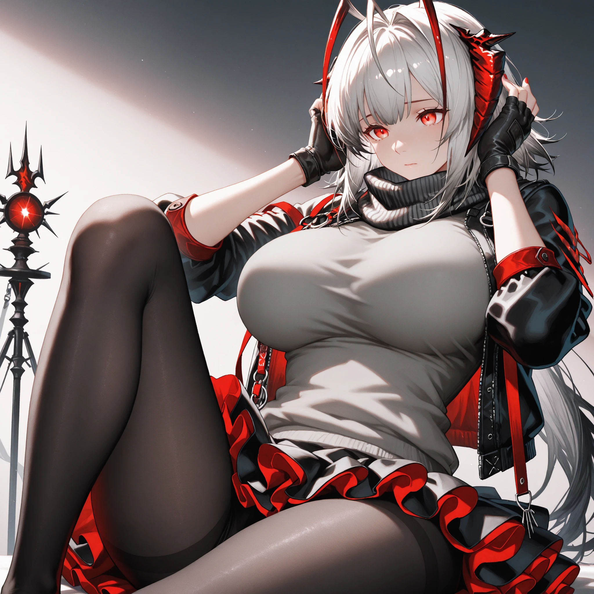 1girl, white hairs, red eyes, vampire, wide hips, massive hips, adventurer armor, lake, night, campfire, sitting on ground