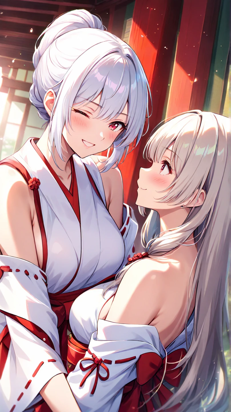 1 Women, 28 years old, long silver hair, red eyes with slit pupils, Floral kimono, off shoulders, a miniskirt, red blush, flower field, sexy, perfect body, upper body, Make eye contact with the camera, (light_Smile:1.5),