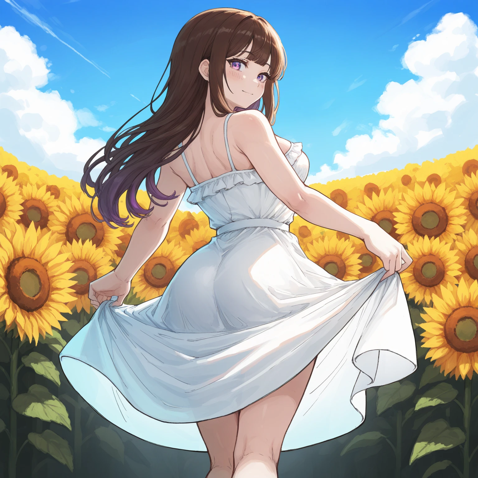 Spring in the misty fields. ??????, voluptuous, curvy woman. Hana haruna. body measurement of 100-70-90! beautiful chubby face, round face, long hair, cascading, flower. Her wide heart-shaped lips curl up, light smile. Beautiful seductive eyes. She wears a short transparent summer dress. Prancing in the fields. Masterpiece, warm orange Lighting, Cinematic shot. Taniaayusiregar 