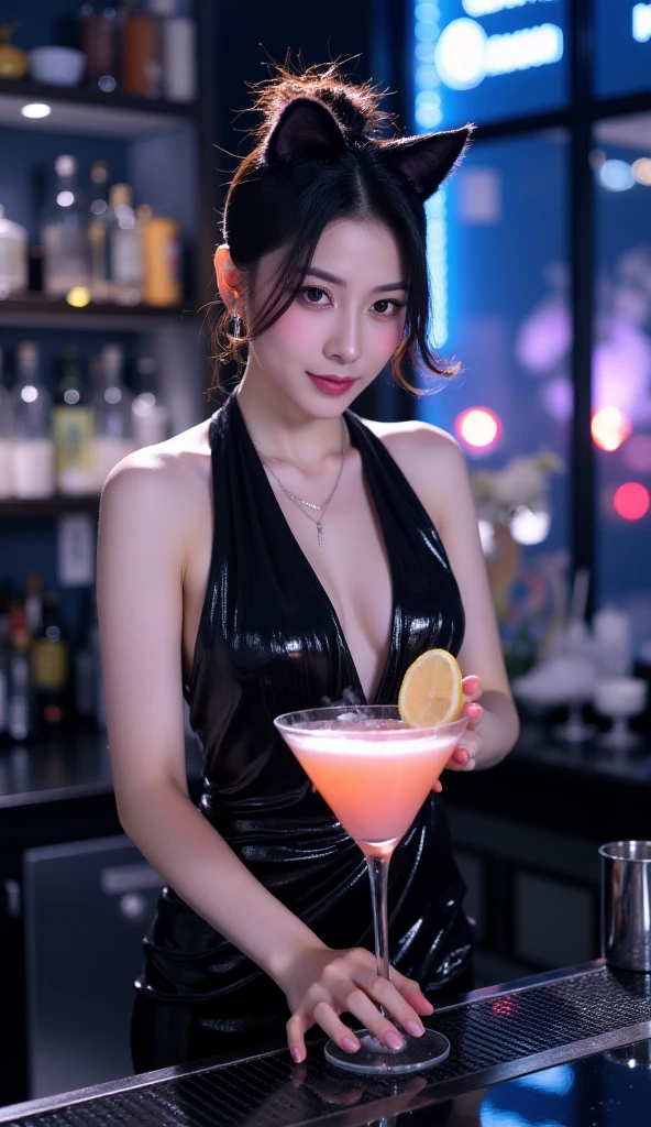 a beautiful woman sitting in a bar talking to her friends while drinking a blue and red swirled drink. Her hair is black and she is wearing red lipstick. Smoky make-up. Perfect face. Perfect Hands, Perfect body, Perfect Eyes. Perfect legs. Perfect feet. hyper realism, ultra realistic, hyper definition, masterpiece, beautiful and aesthetic:1.2