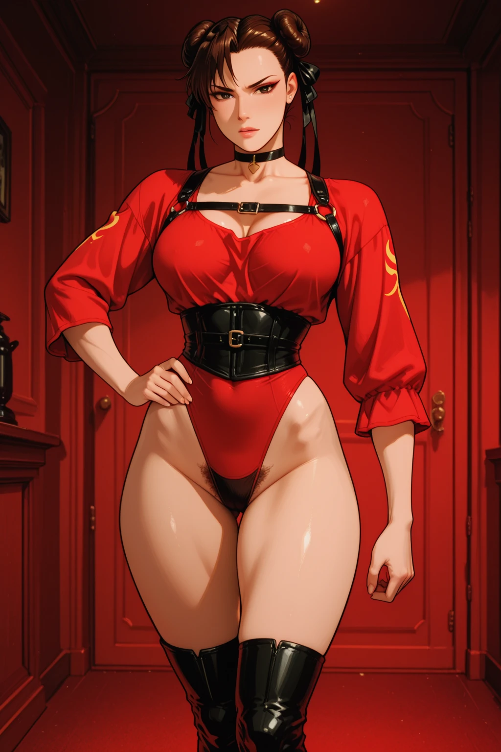 1womanl, (tmasterpiece: 1.3),Beautiful mature Japanese woman, detailed finger, beautiful hand, hyper realisitc, 1womanl, (Sagging breasts, Bewitching body: 1.2) brunette color hair: 1.1, Super detailed face, Detailed lips, Detailed eyes, 二重まぶた,Sexy and feminine eyes,A bright red one-piece leather coat wraps the whole body,The chest is completely wrapped in a red one-piece leather coat,Deep V is wrapped in red leather clothing and is not exposed,The tits, belly and thighs are all wrapped in red leather clothing,A red scarf around his neck, Huge, plump sagging chest, Side posture, visible curves,full body1:1