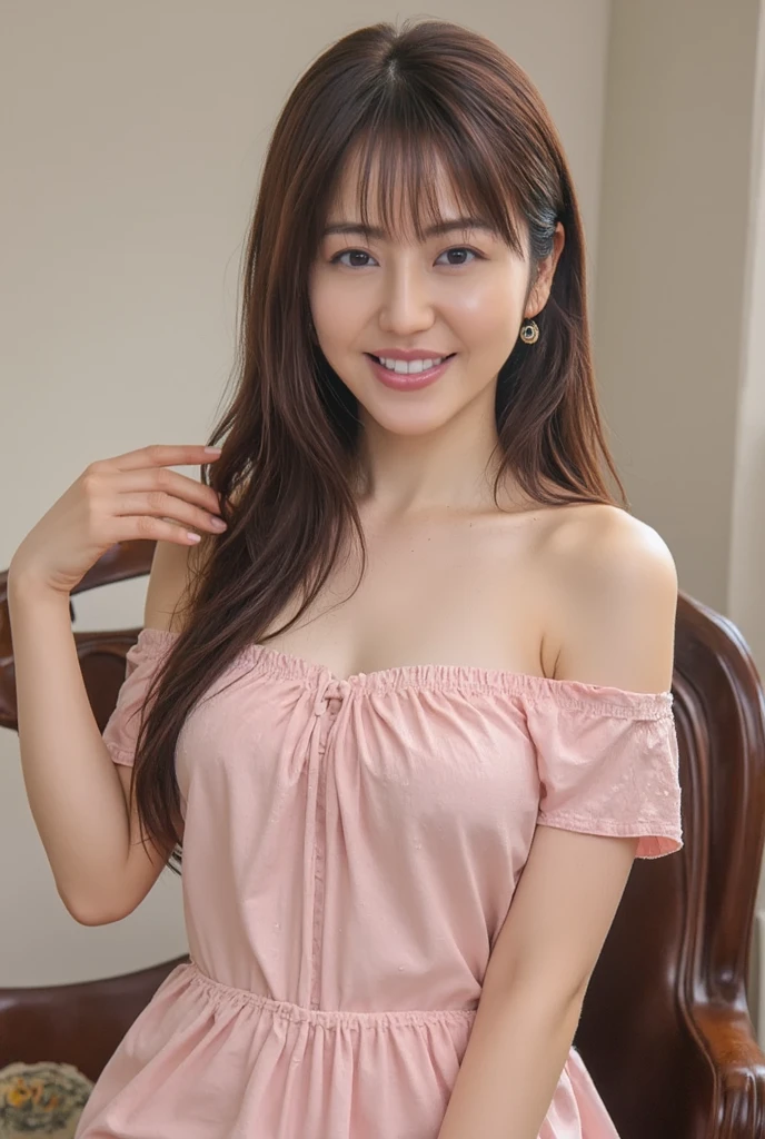 (colored picture), Photo realistic of beautiful asian、slender abs, (Highlight Haircutreast A Cup:1.2), small breast, round shape breast, perfect shape breast,(( )), She should have a serene expression, with large, expressive eyes and rosy lips. The woman isNaked, off-the-shoulder sweater, with a hint of a black strap visible, set against a soft, neutral background that emphasizes her gentle and stylish appearance