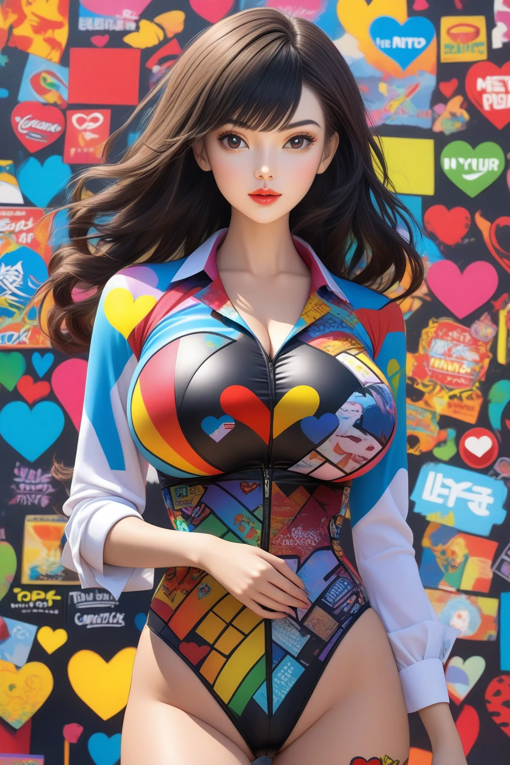 infp young woman, Beautiful breasts, Front opening shirt, Body painting with pop designs drawn directly all over the body, heart shapes, Pop Art Design, cutting edge, lo fashion, The center of attention, newyork, pop-art, pubick hair, cameltoe details,