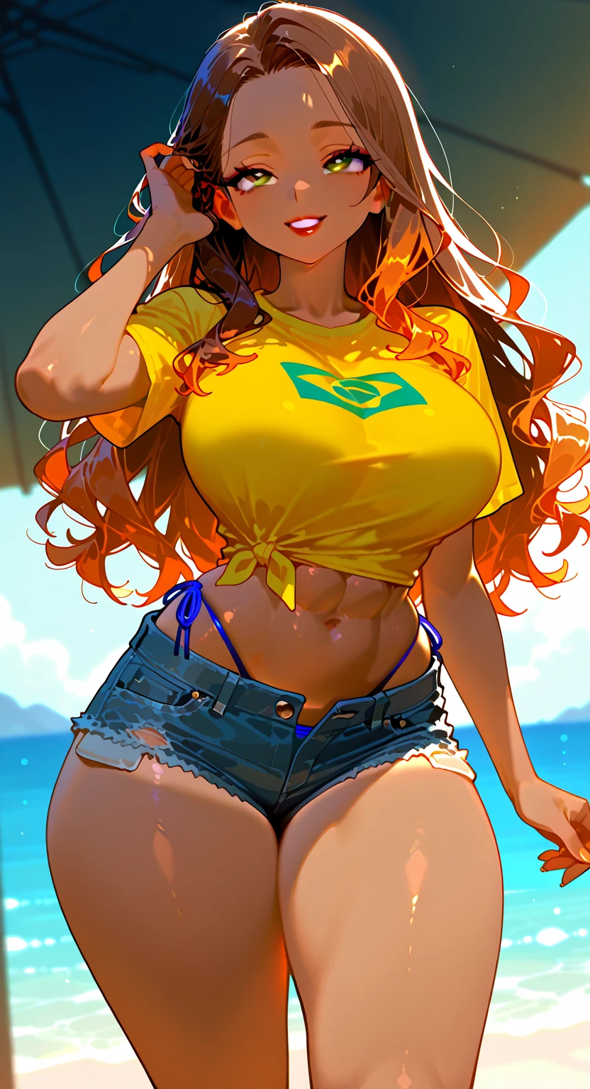 cleavage, midriff, woman, bicycle helmet, sunglasses, bodysuit, shorts, <lora:b1keg1rl-v1:1>, muscular, arms raised, toned, bodybuilder, vivid hair, oversized sweater, huge breasts, outdoors, light rays, god rays, tiny shorts, small shorts, realistic, thick thighs, strong arms