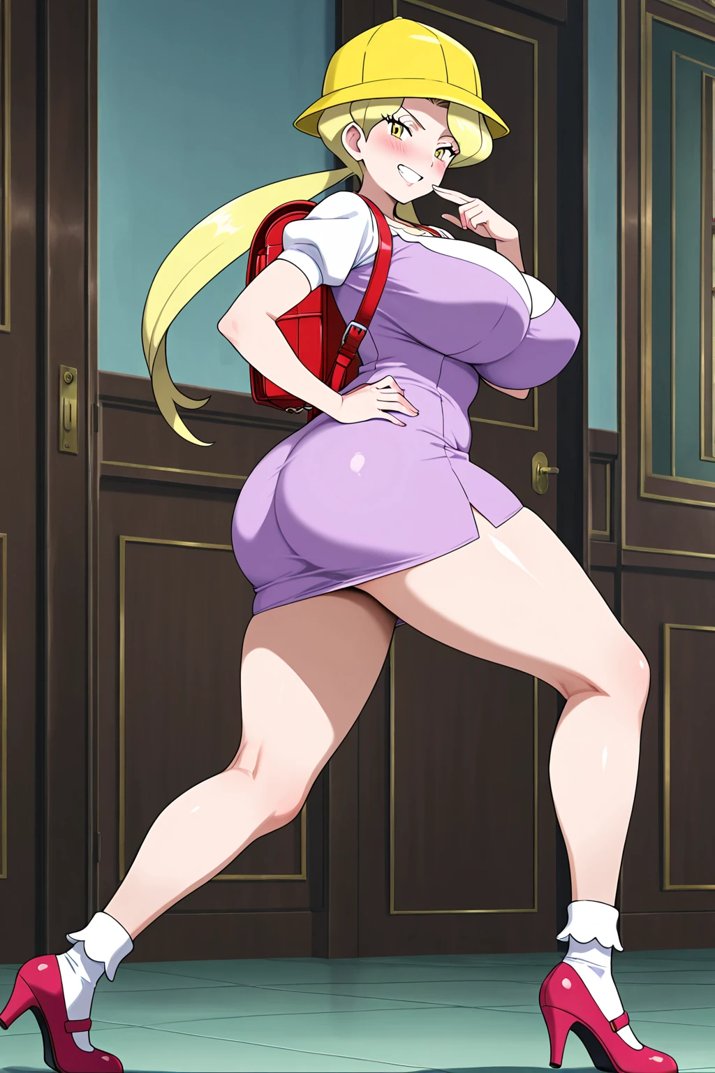 High resolution, (((many characters))), (((a girl is walking in a busy school hallway))), she is a mature white girl, (((bimbo))), thick, long blonde, ponytail, she is smiling , very big wide hips, thick thighs, hourglass figure, small round breast, ((she's wearing red shorts))), side view